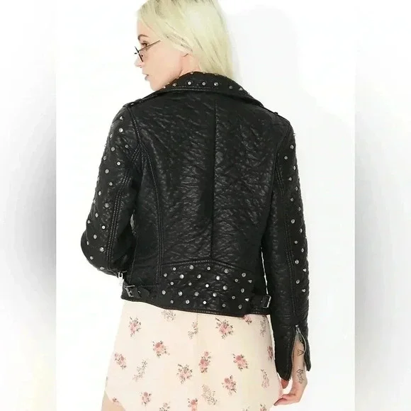Glamorous Faux Leather Studded Moto Jacket XS | Black Biker Chic Street Style - Picture 8 of 11